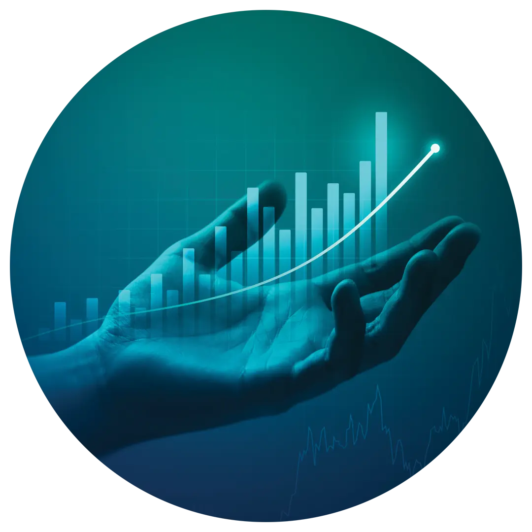 Hand holding graph representing growth/scale on green-blue gradient