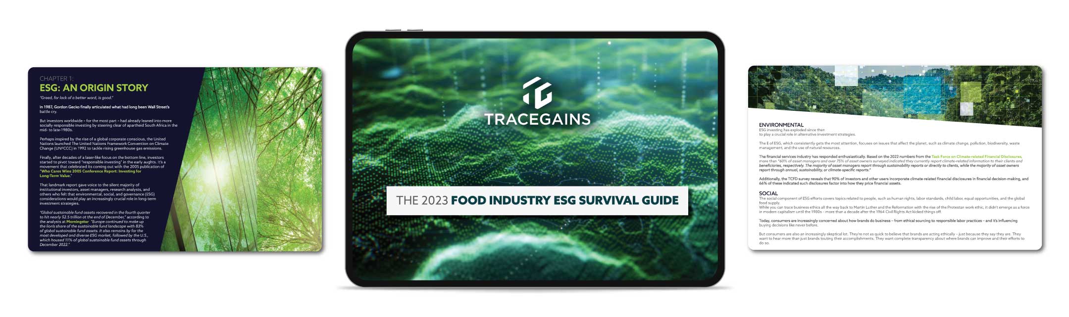 A mockup of The 2023 Food Industry ESG Survival Guide on tablet views.