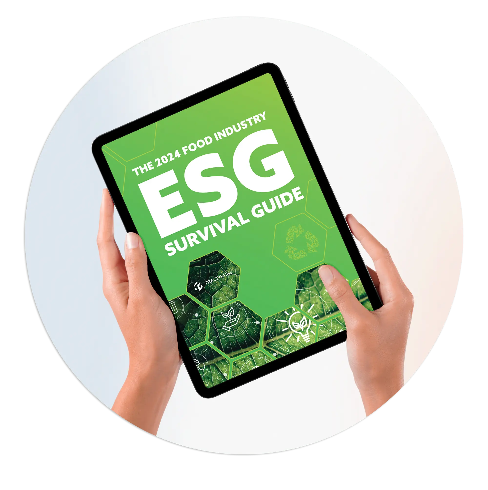 2024-ESG-Survival-Guide-Mockup Mockup of The 2024 Food Industry ESG Survival Guide on a tablet, with hands holding it.