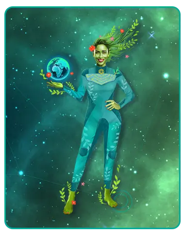 Planet Guardian character on space background, feminine, green suit, leaves, vines, and flowers throughout, holding the planet