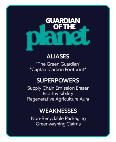 Guardian of the Planet logo with details about the character, such as aliases, superpowers, and weaknesses