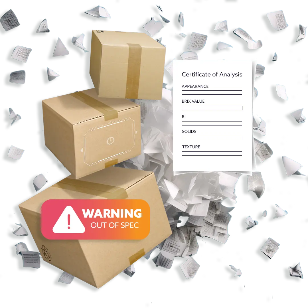 Digital certificate of analysis (COA) overlay on shipment boxes and an explosion of paperwork with an out-of-spec warning label